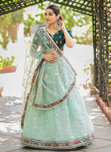 Pista Green Embroidered Lace Border Organza Lehenga Choli